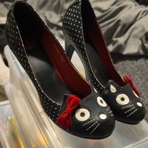 Black Polka Dot Cat Pump with Red Bow - Women’s Cute Heels